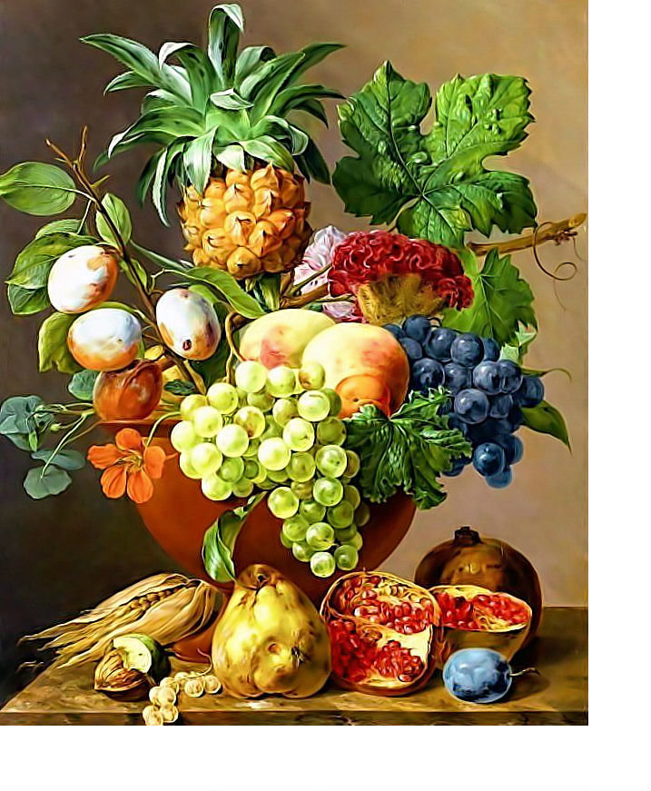 Натюрморт - фрукты, виноград, ананас, гранат, сливы, персики - оригинал