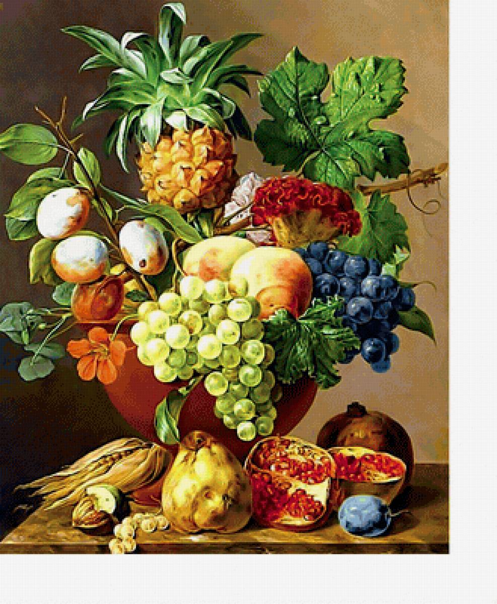Натюрморт - ананас, гранат, персики, фрукты, виноград, сливы - предпросмотр