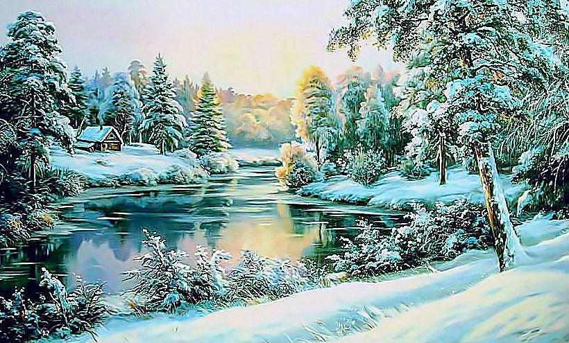 Зимний пейзаж - снег, домик, река, зима, лес - оригинал