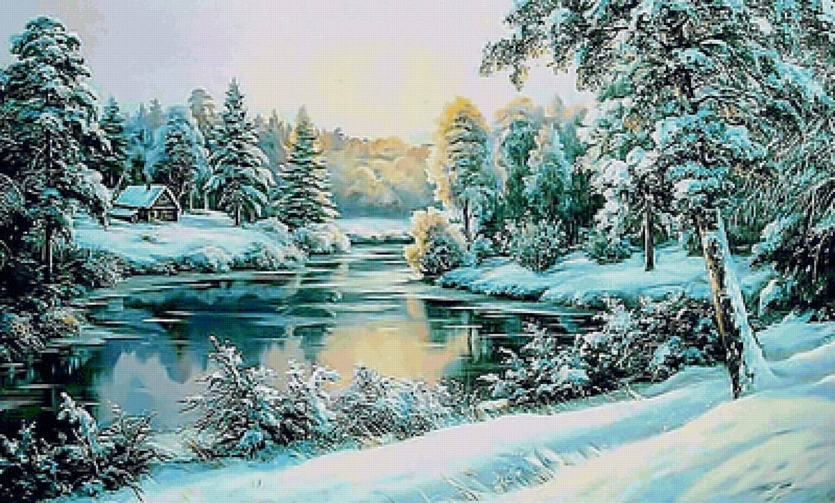 Зимний пейзаж - река, зима, лес, домик, снег - предпросмотр