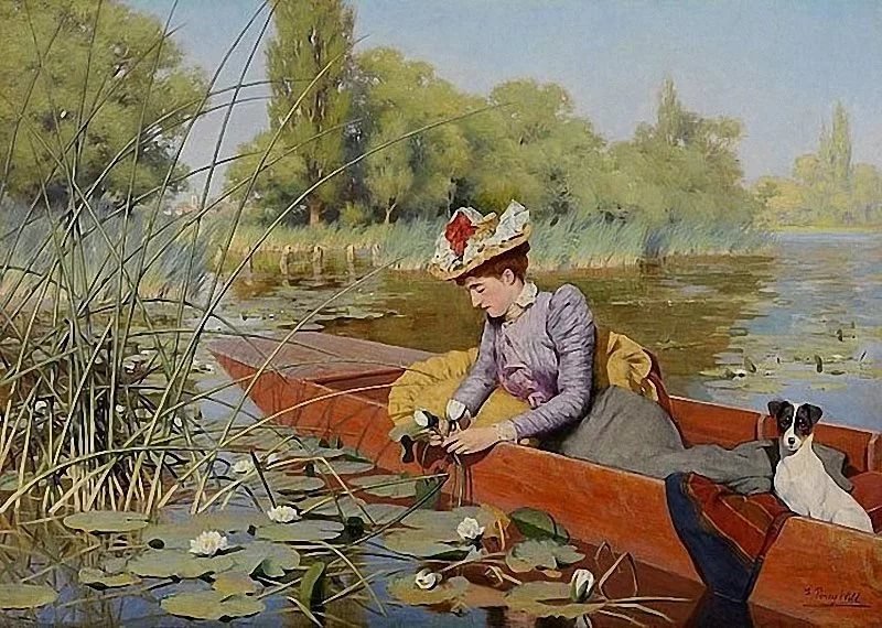 Frank Percy Wild. Водяные лилии - живопись, собака, лодка, женщина, дама, девушка, 19 век, пруд - оригинал