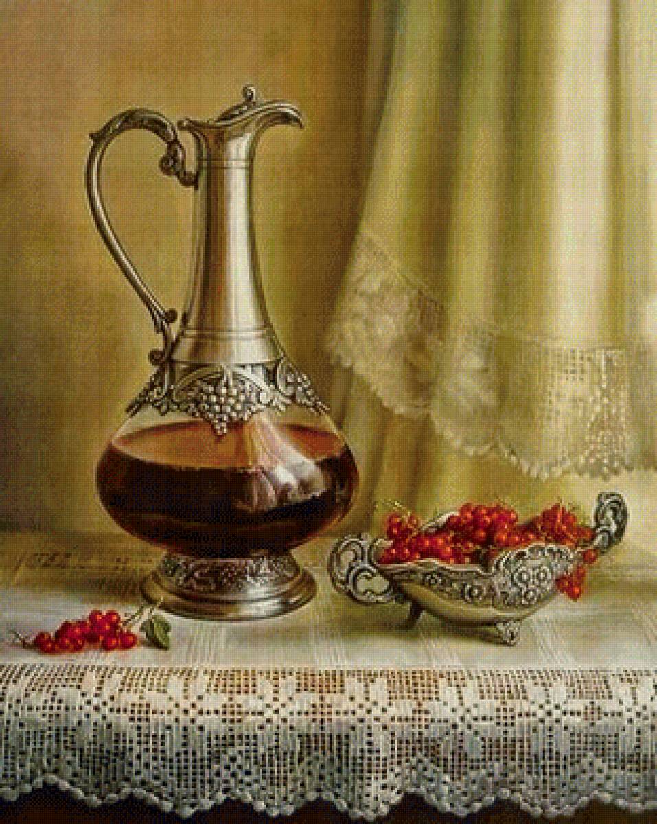 Натюрморт с красной смородиной - кувшин, натюрморт, красная смородина - предпросмотр