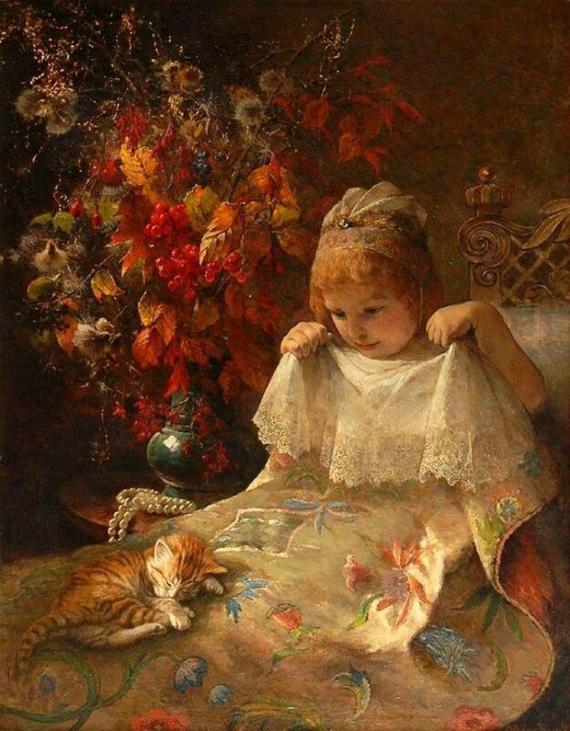 Arthur John Elsley (Артур Джон Элсли). Рыжий котёнок - девочка, жанровая живопись, котенок, 19 век - оригинал