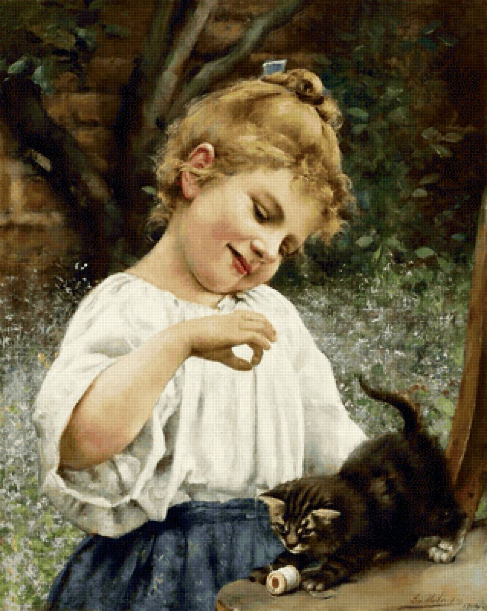 Leo Malempré. Девочка, играющая с котёнком - начало 20 века, котенок, живопись, портрет, девочка - предпросмотр