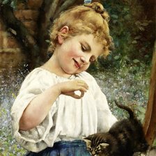 Оригинал схемы вышивки «Leo Malempré. Девочка, играющая с котёнком» (№2138598)