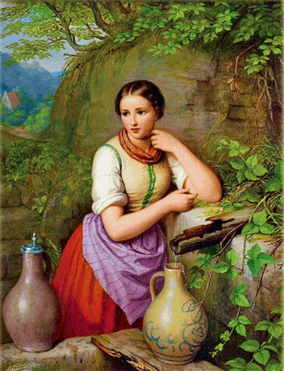 У родника - портрет, девушка, живопись, 19 век - предпросмотр