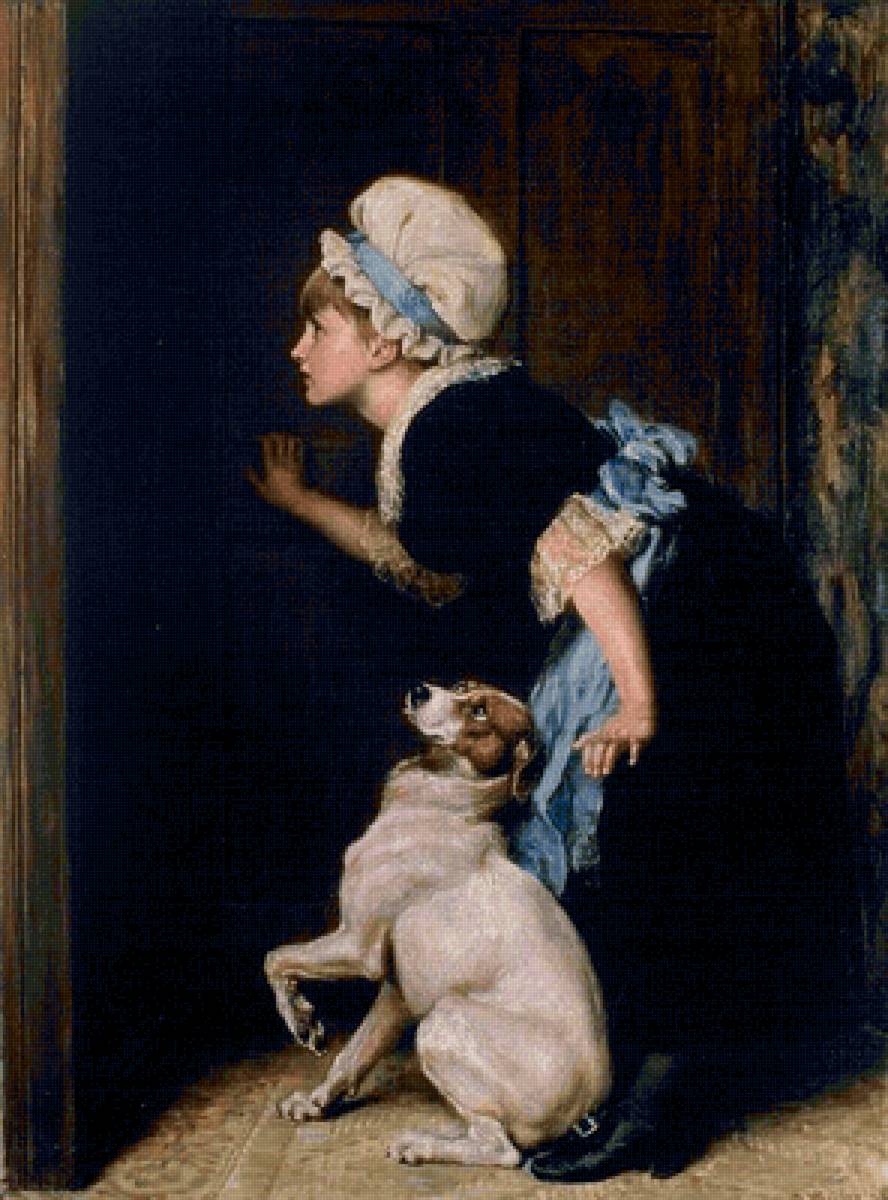 Брайтон Ривьер. Любопытство - жанровая живопись, собака, девочка, 19 век - предпросмотр