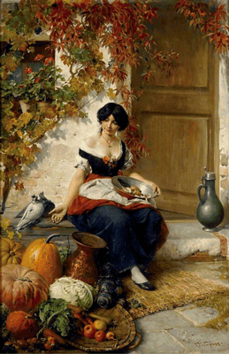 Wagner Ferdinand. На крыльце - живопись, портрет, девушка, 19 век - предпросмотр