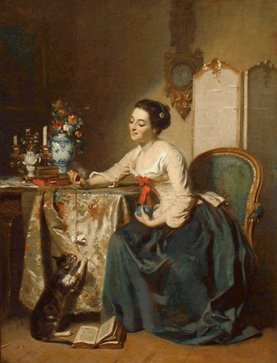 Joseph Caraud. Девушка, играющая с кошкой - жанровая живопись, девушка, кошка, 19 век - предпросмотр