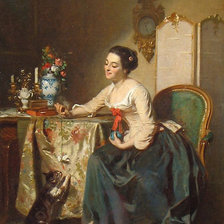 Оригинал схемы вышивки «Joseph Caraud. Девушка, играющая с кошкой» (№2138682)