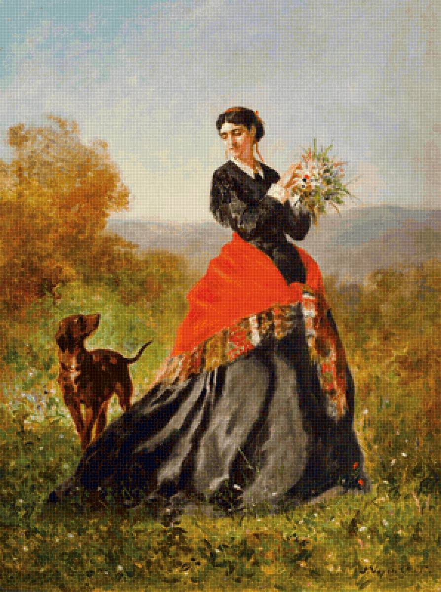 Wilhelm Menzler Casel. Девушка с собакой - собака, портрет, 19 век, живопись, девушка - предпросмотр