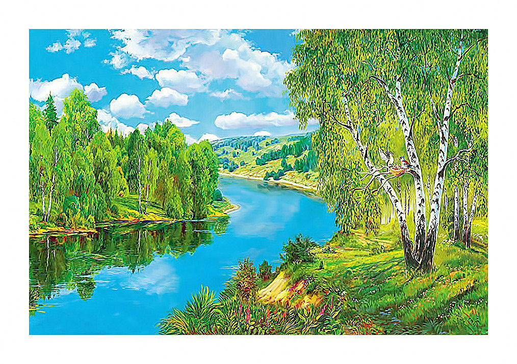 Пейзаж. - пейзаж, река, живопись, березы, природа - оригинал