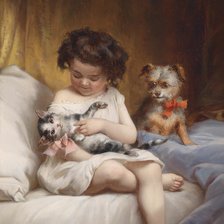 Девочка, котёнок и щенок. Карл Райхерт (Carl Reichert)