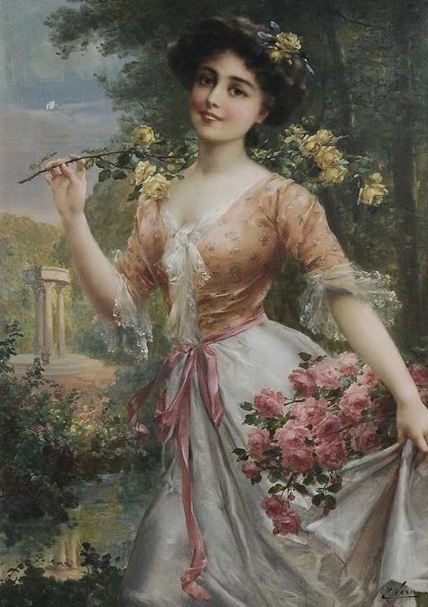 Девушка с розами. Эмиль Вернон - портрет, 19 век, девушка, живопись, цветы, розы - оригинал