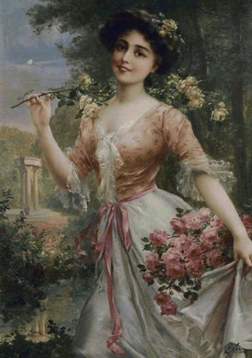 Девушка с розами. Эмиль Вернон - 19 век, розы, портрет, живопись, цветы, девушка - предпросмотр