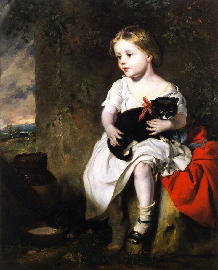 Девочка с кошкой. John Thomas Peele - портрет, 19 век, кошка, живопись, девочка - оригинал