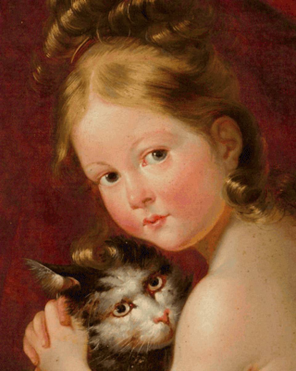 Девочка с кошкой. Мария-Элеонора Годфруа (Godefroid) - 19 век, живопись, кошка, портрет, девочка - предпросмотр