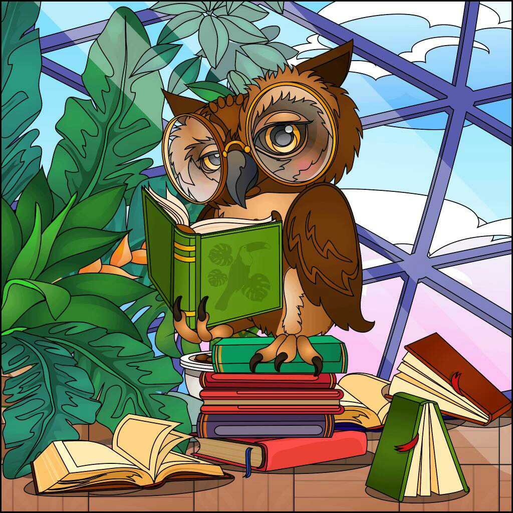 Чтец - сов, сова, очки, животные, книга, птица, книги, листья - оригинал