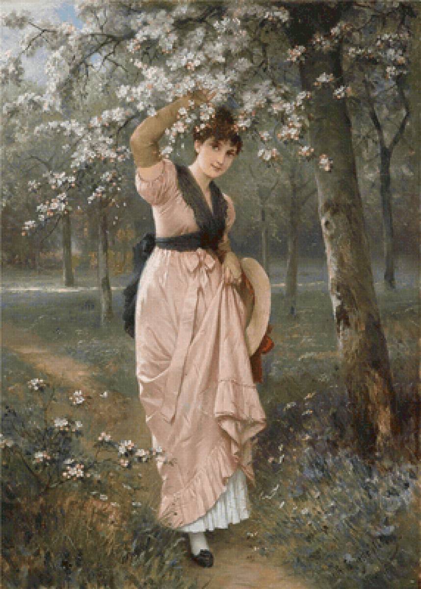 В цветущем саду. Бейшлаг Роберт Юлиус - девушка, живопись, портрет, 19 век - предпросмотр