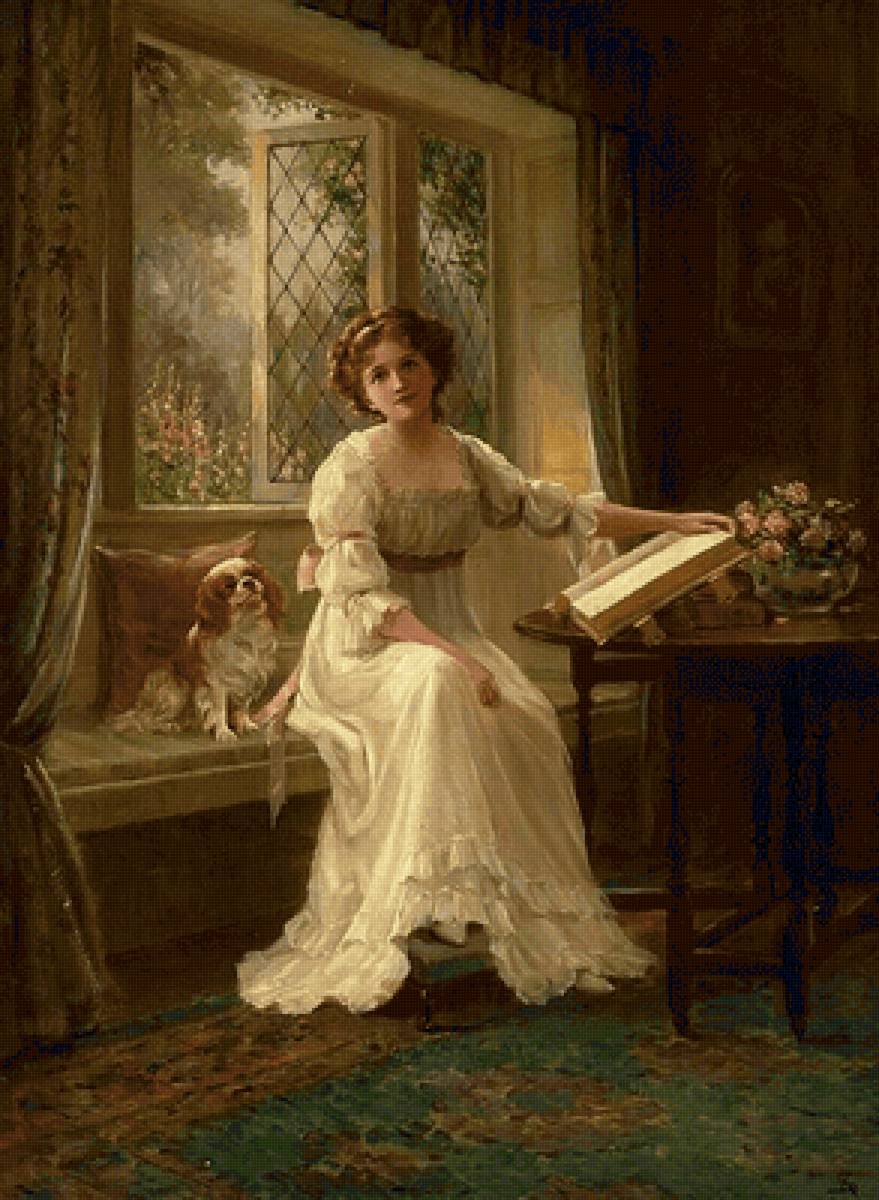 Девушка с книгой. Сидни Перси Кендрик - собачка, 19 век, девушка, портрет, живопись - предпросмотр