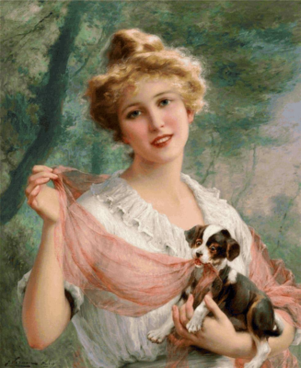 Эмиль Вернон. Девушка с щенком - собака, 19 век, портрет, живопись, девушка - предпросмотр