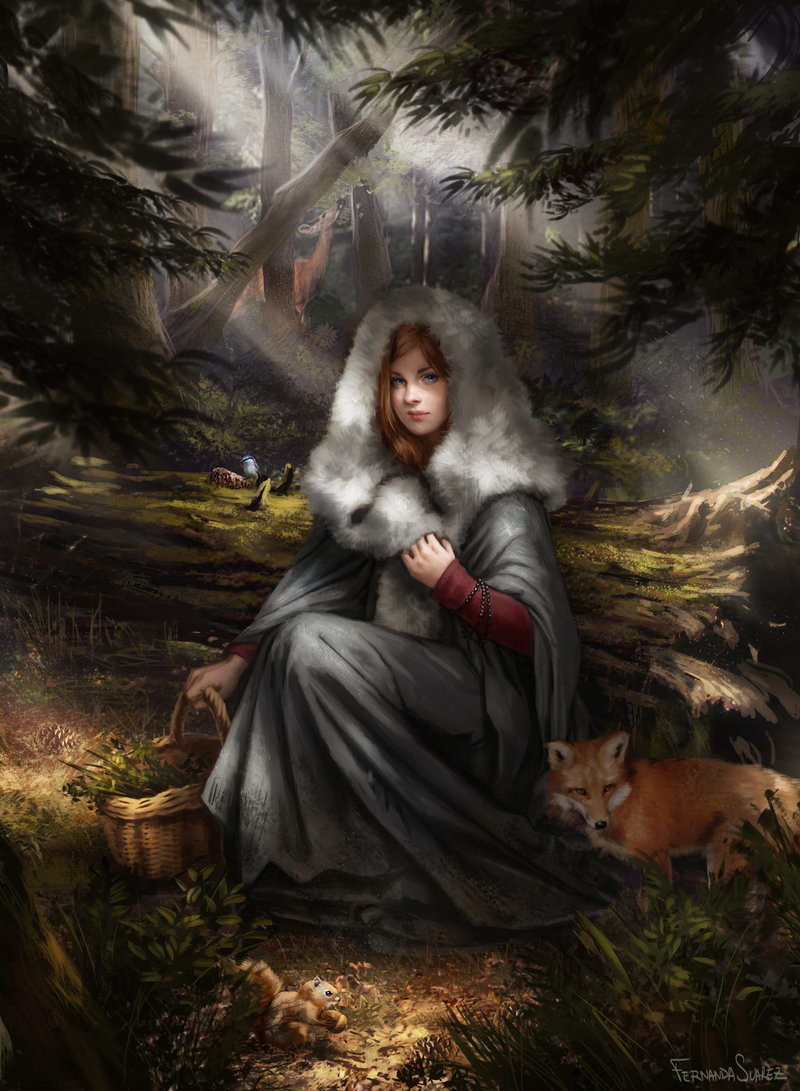 №2140260 - корзинка, лиса, девушка, лес - оригинал