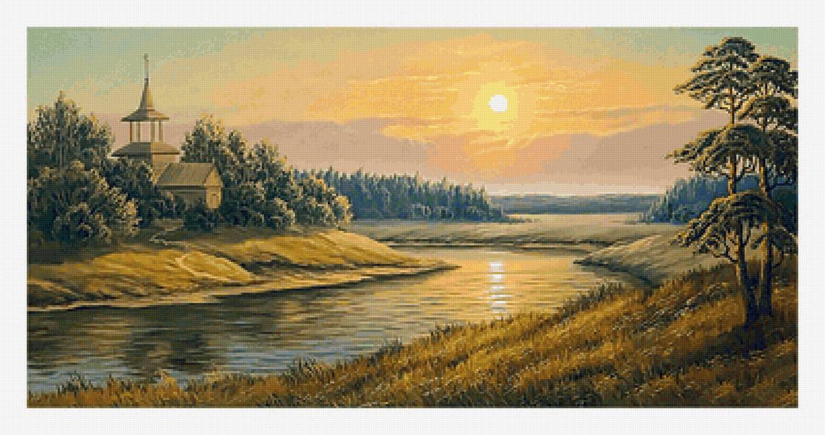 Закат над рекой. - берег, вечер, лето, пейзаж, река, церковь, закат, солнце - предпросмотр