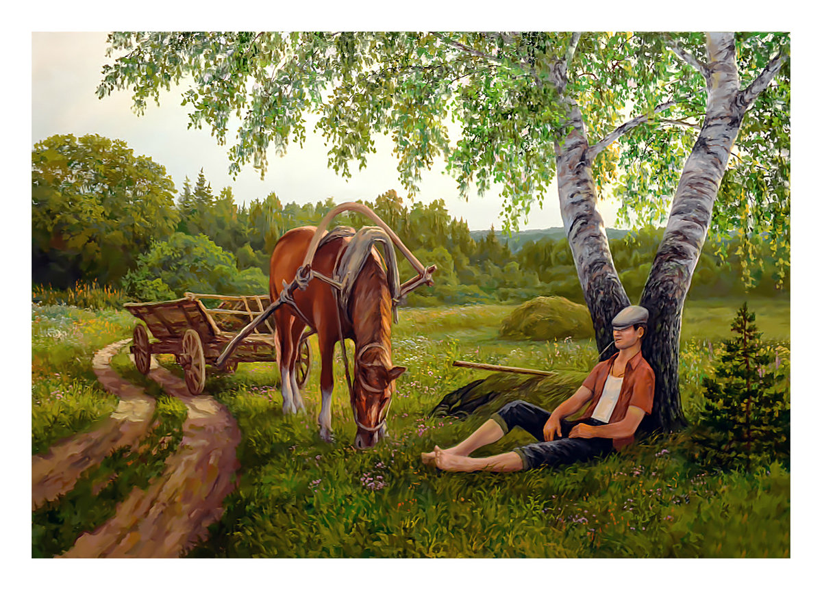 Отдых под берёзой) - природа, телега, конь, лошадь, пейзаж, живопись, березы - оригинал