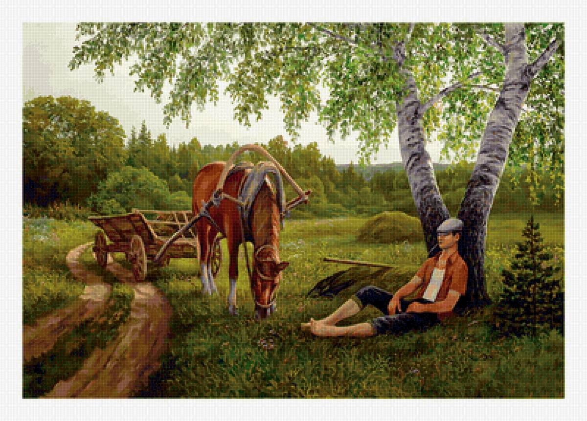 Отдых под берёзой) - лошадь, березы, конь, живопись, телега, пейзаж, природа - предпросмотр