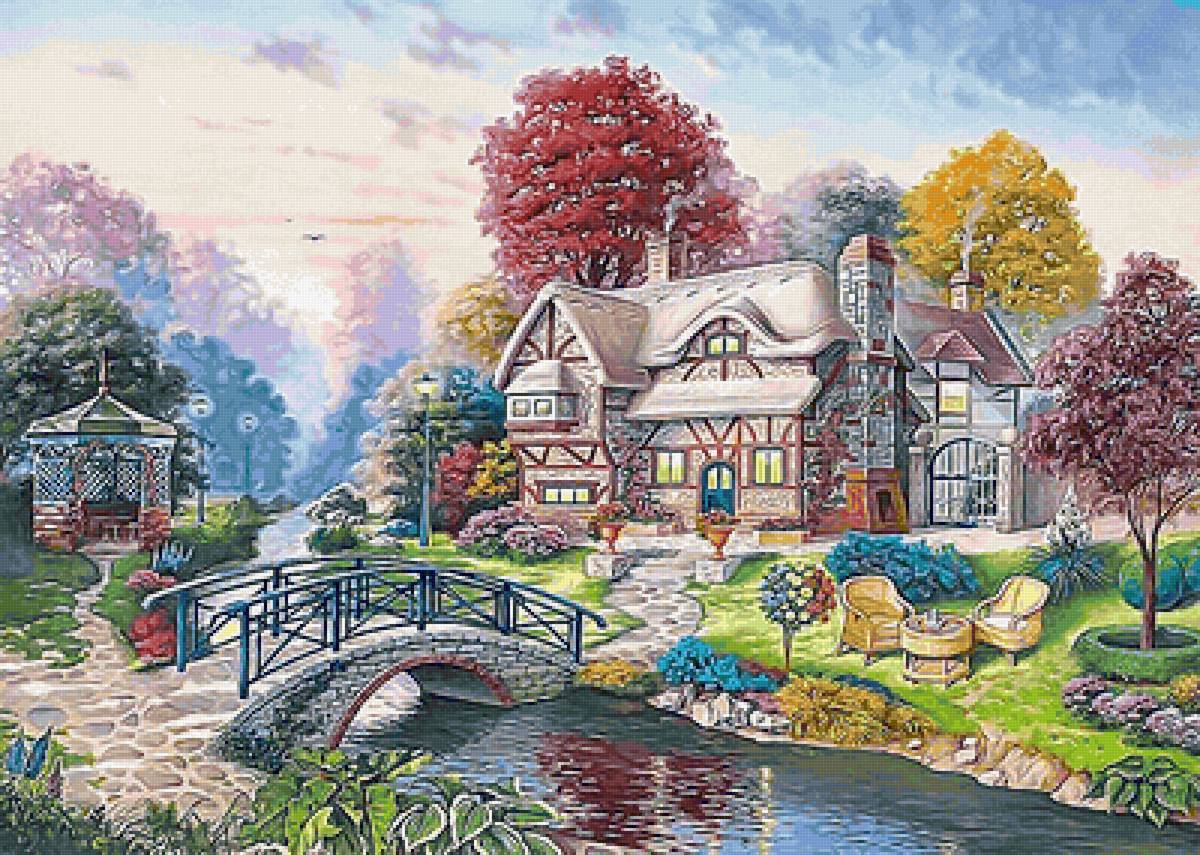 №2140392 - домик, мостик, осень, река, вечер - предпросмотр