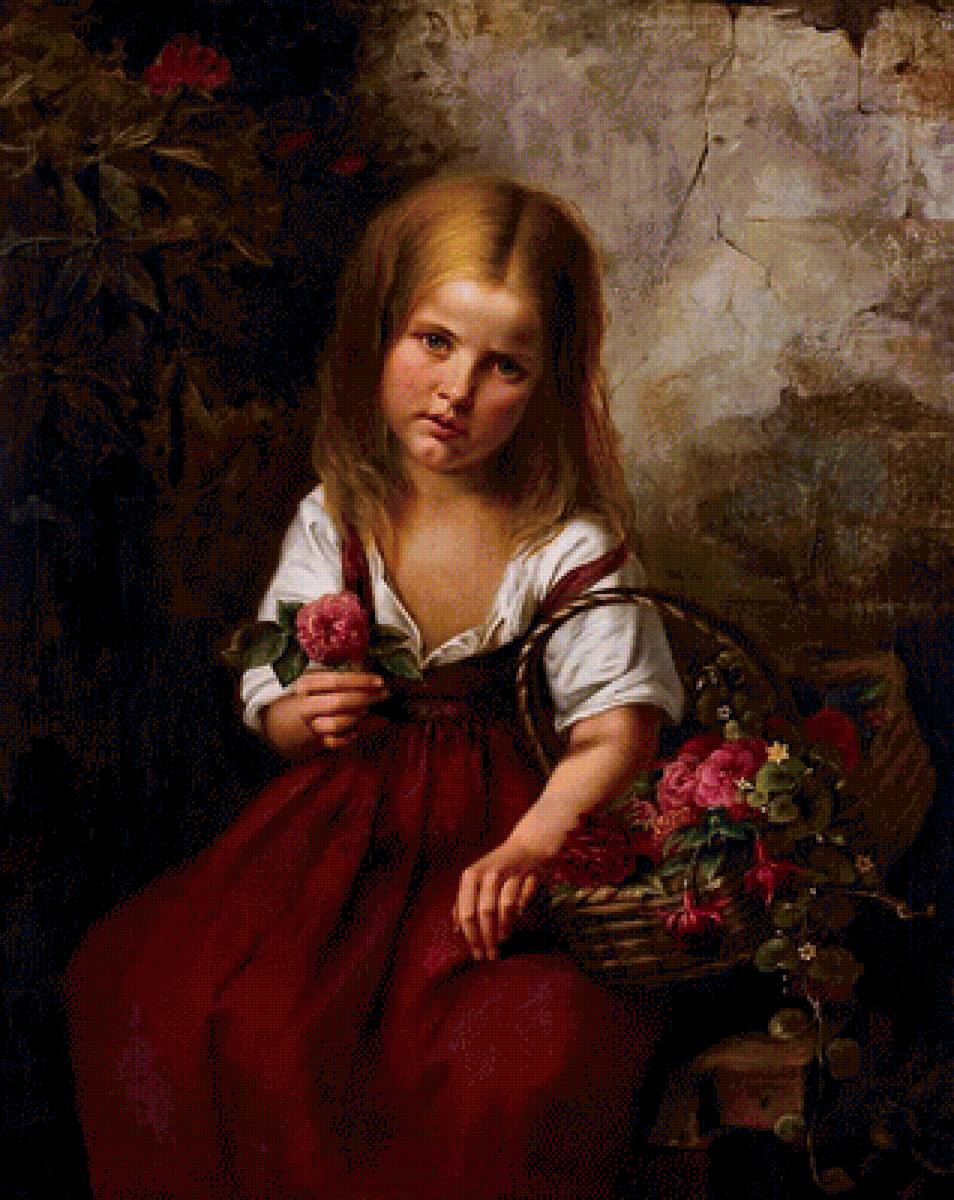Девочка с корзиной цветов. Эмма фон Мюллер - портрет, цветы, живопись, 19 век, девочка - предпросмотр