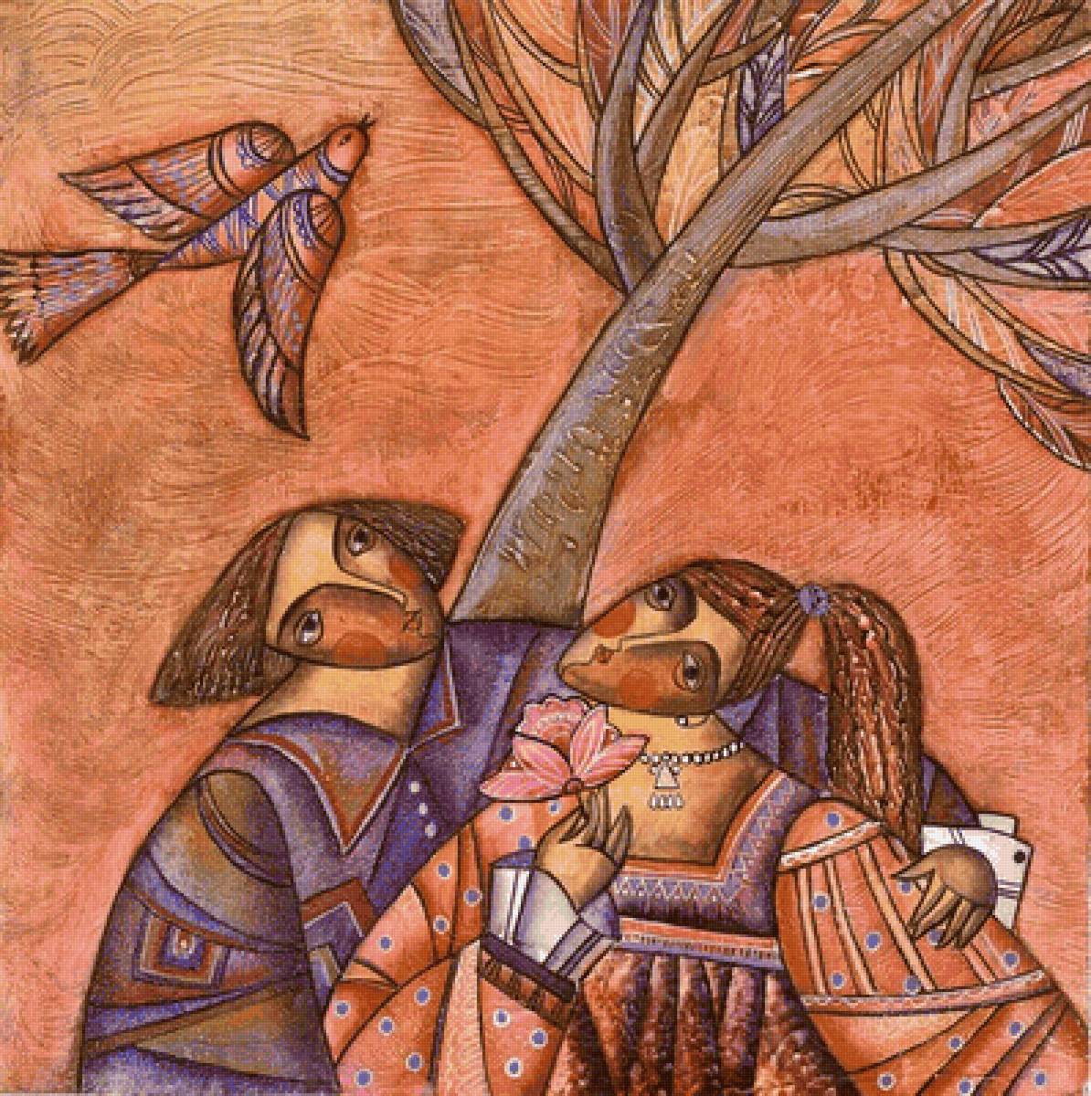 Свидание - девушка, парень, наив, птица - предпросмотр