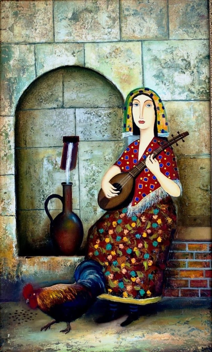 Грузинский дворик. Давид Мартиашвили - живопись, петух, девушка, грузия - оригинал