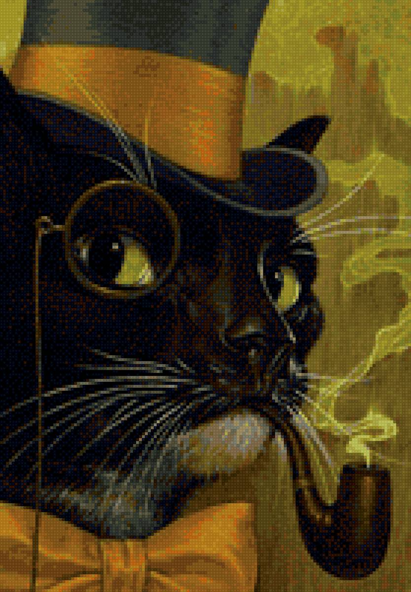 кот-джентльмен - черный кот, шляпа, очки, глаза, трубка, усы - предпросмотр