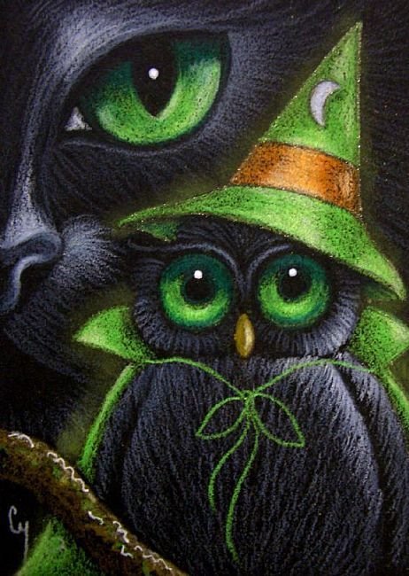 кот и сова - сова, глаза, графика, кот - оригинал