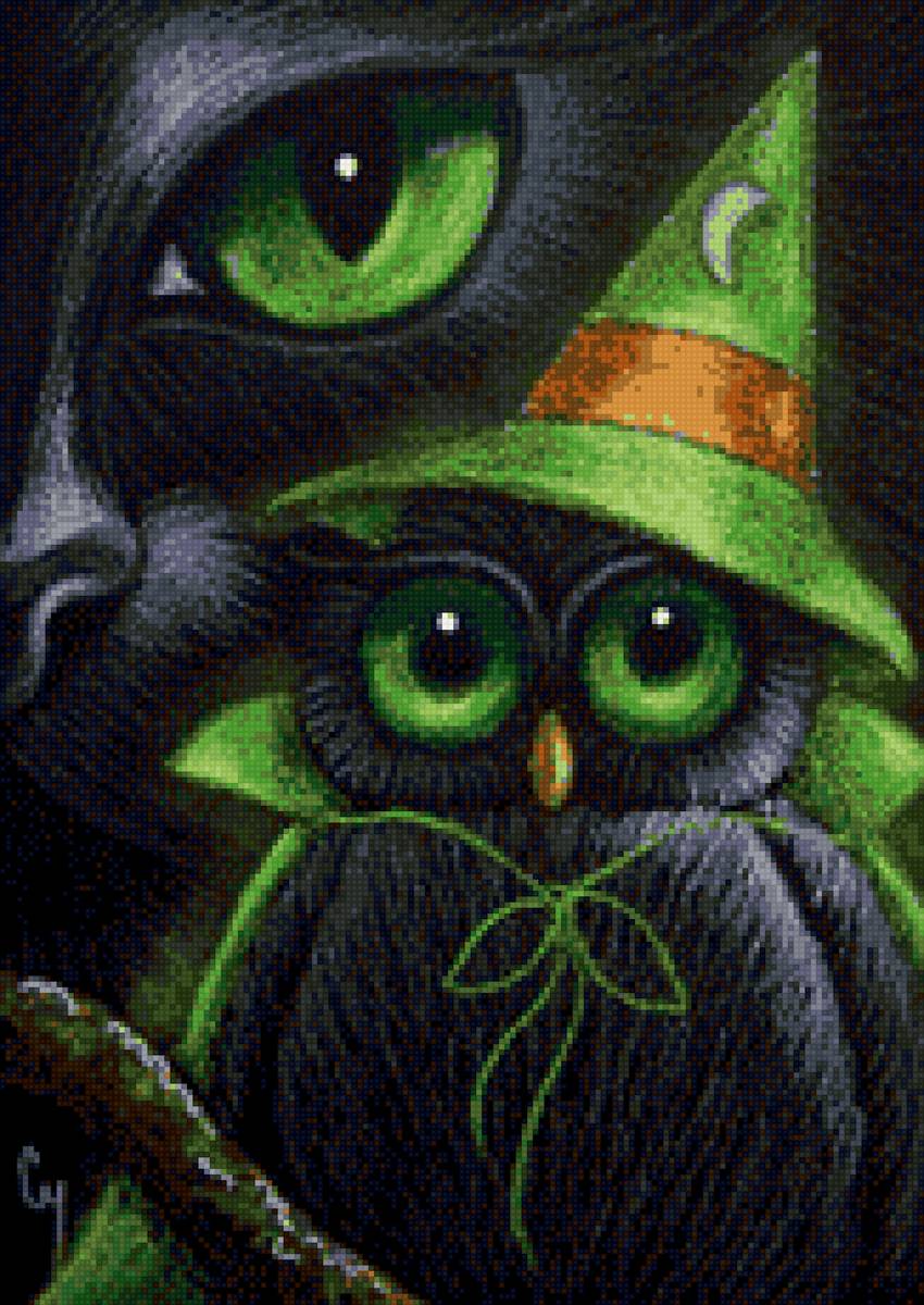 кот и сова - графика, сова, глаза, кот - предпросмотр