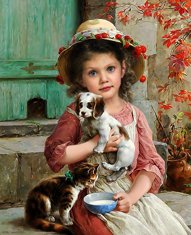 Niña con perro y gato - niños - оригинал