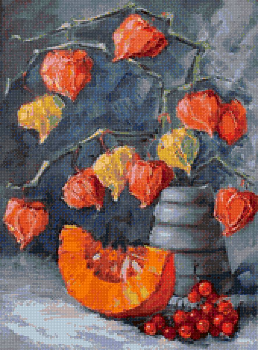 осенний натюрморт - тыква, физалис, живопись, ваза - предпросмотр