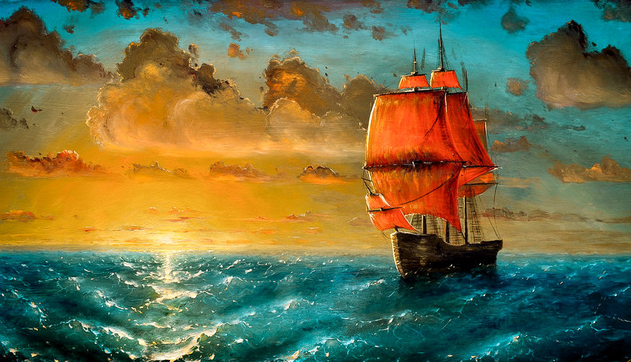 парусник - море, парусник, закат - оригинал