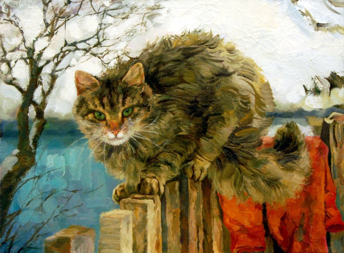 Гуляю как хочу. - кот, забор, художник пархунов, зима - оригинал