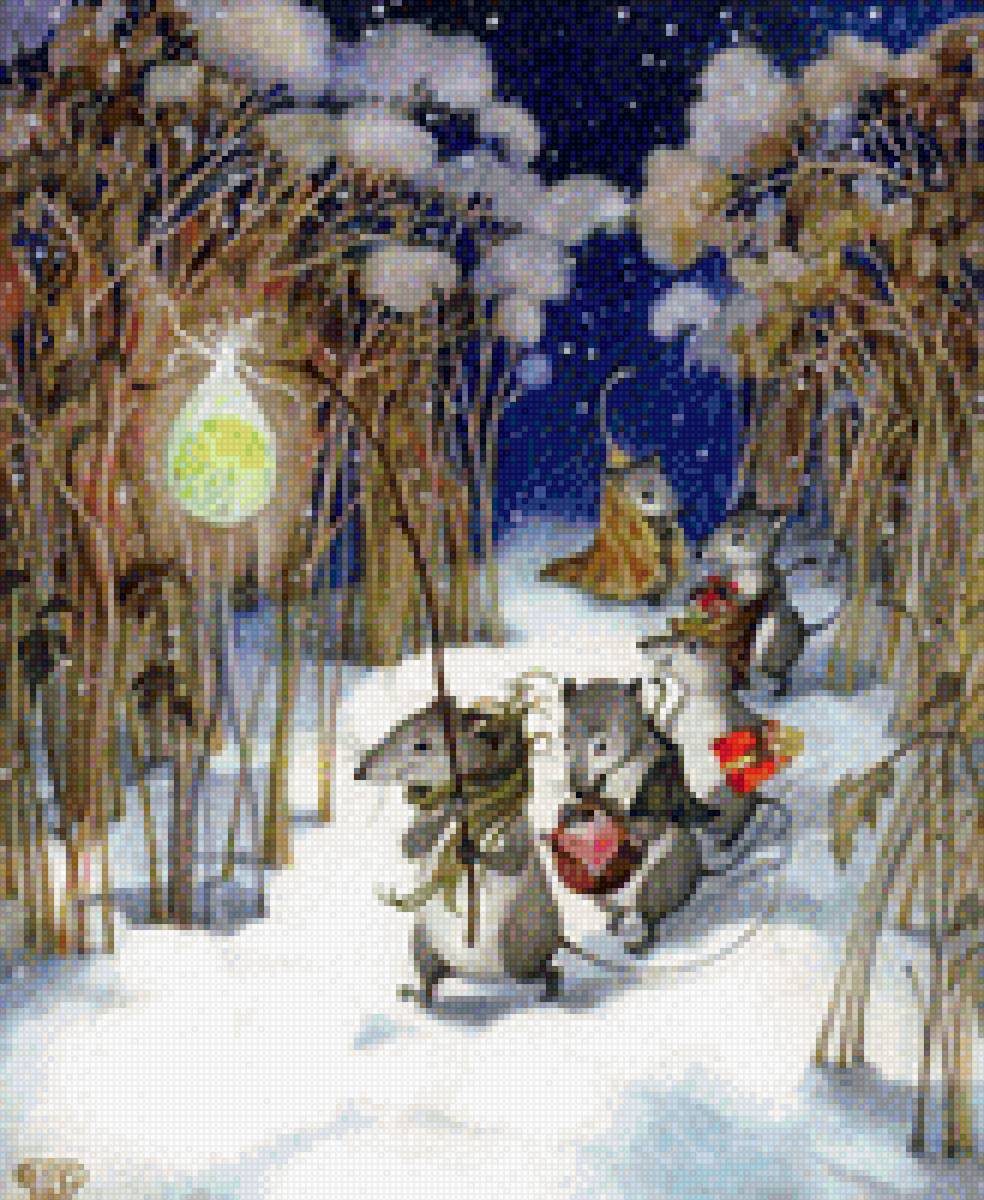 Путеводная звезда - ночь, мыши, фонарик, снег, ольга йонайтис, зима - предпросмотр