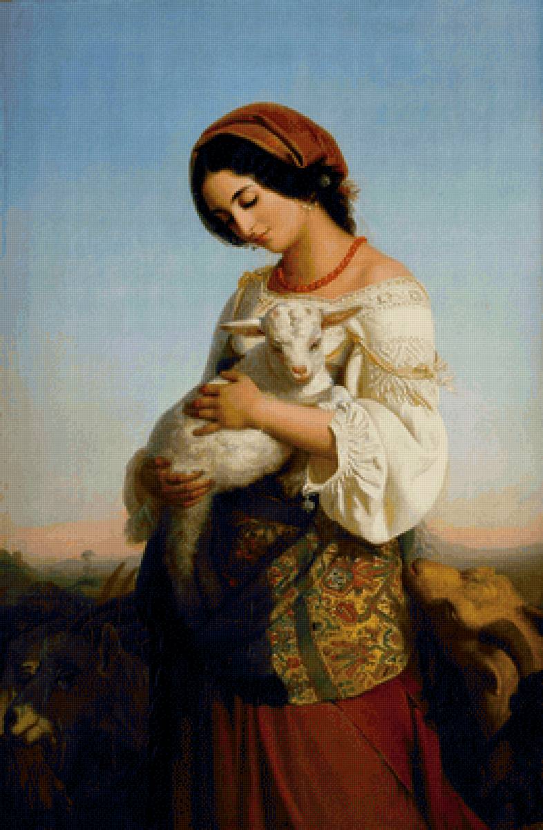 Wilhelm August Rudolf Lehmann. Итальянская пастушка - 19 век, ягненок, портрет, девушка, живопись - предпросмотр