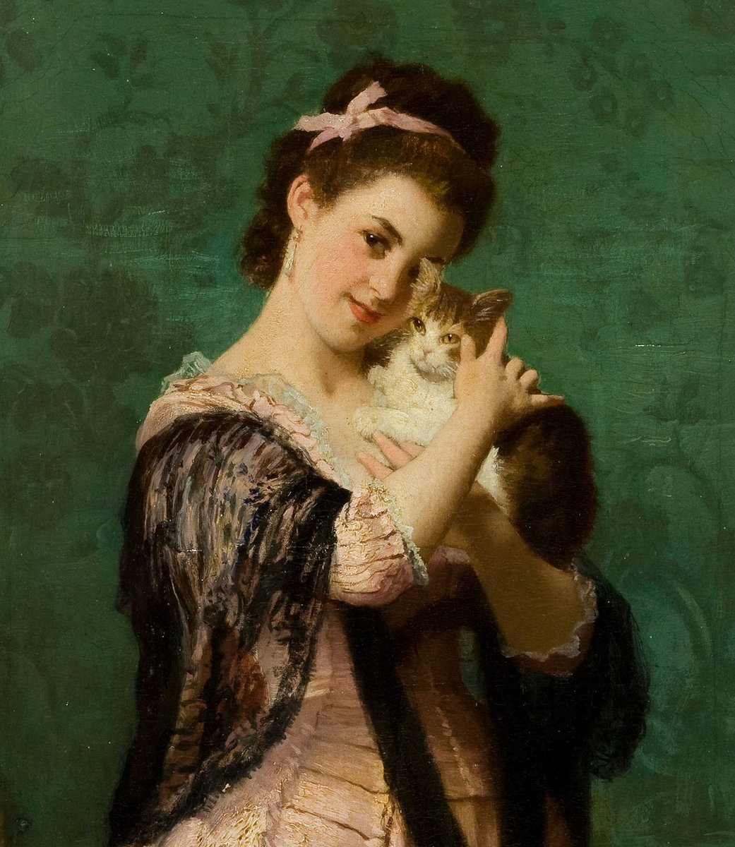 Девушка с кошкой. Джозеф Карауд - кошка, живопись, девушка, портрет, 19 век - оригинал