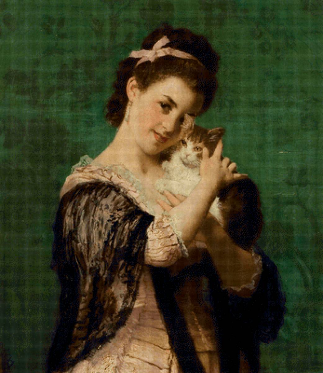 Девушка с кошкой. Джозеф Карауд - живопись, 19 век, портрет, кошка, девушка - предпросмотр