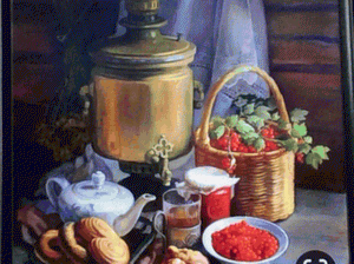 У самовара - самовар, плюшки, ягоды - предпросмотр