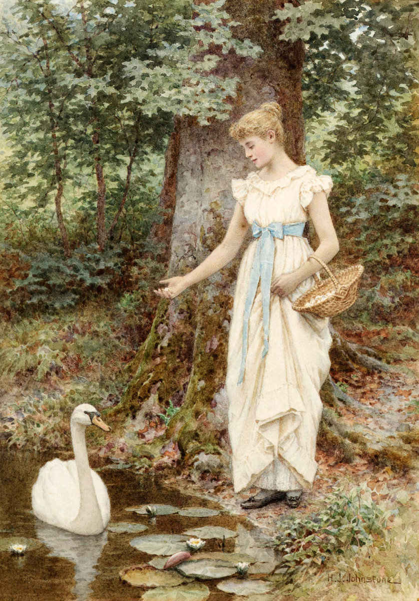 В парке. Генри Джеймс Джонстон - живопись, девушка, 19 век, лебедь - оригинал