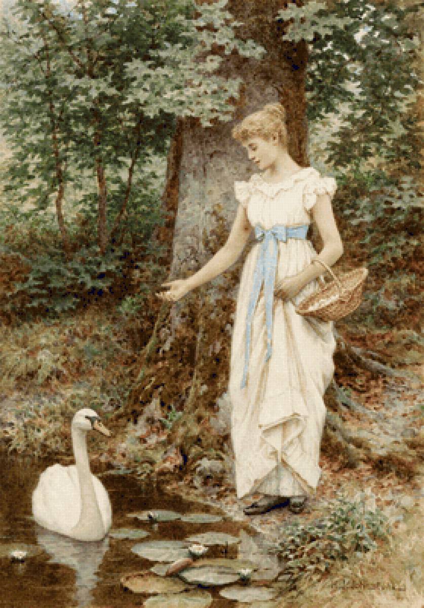 В парке. Генри Джеймс Джонстон - живопись, 19 век, девушка, лебедь - предпросмотр