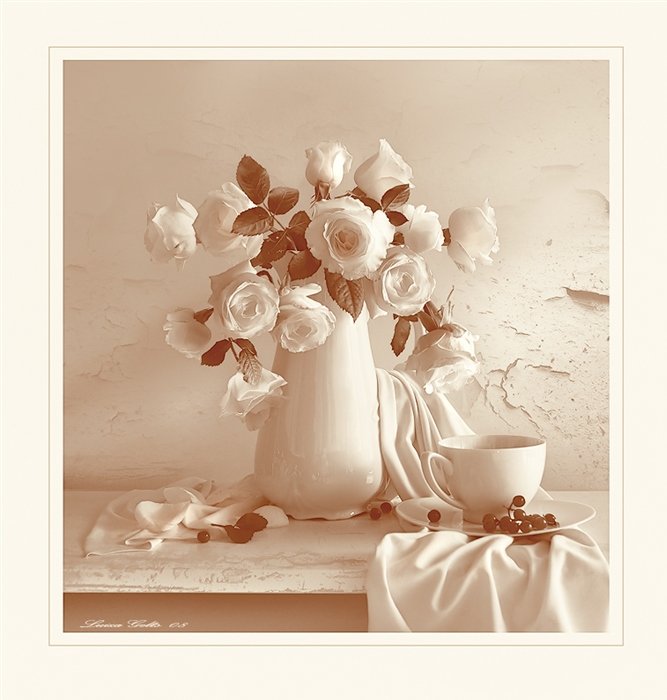 Букет в стиле ретро - чашка, розы, натюрморт, сепия, ваза - оригинал