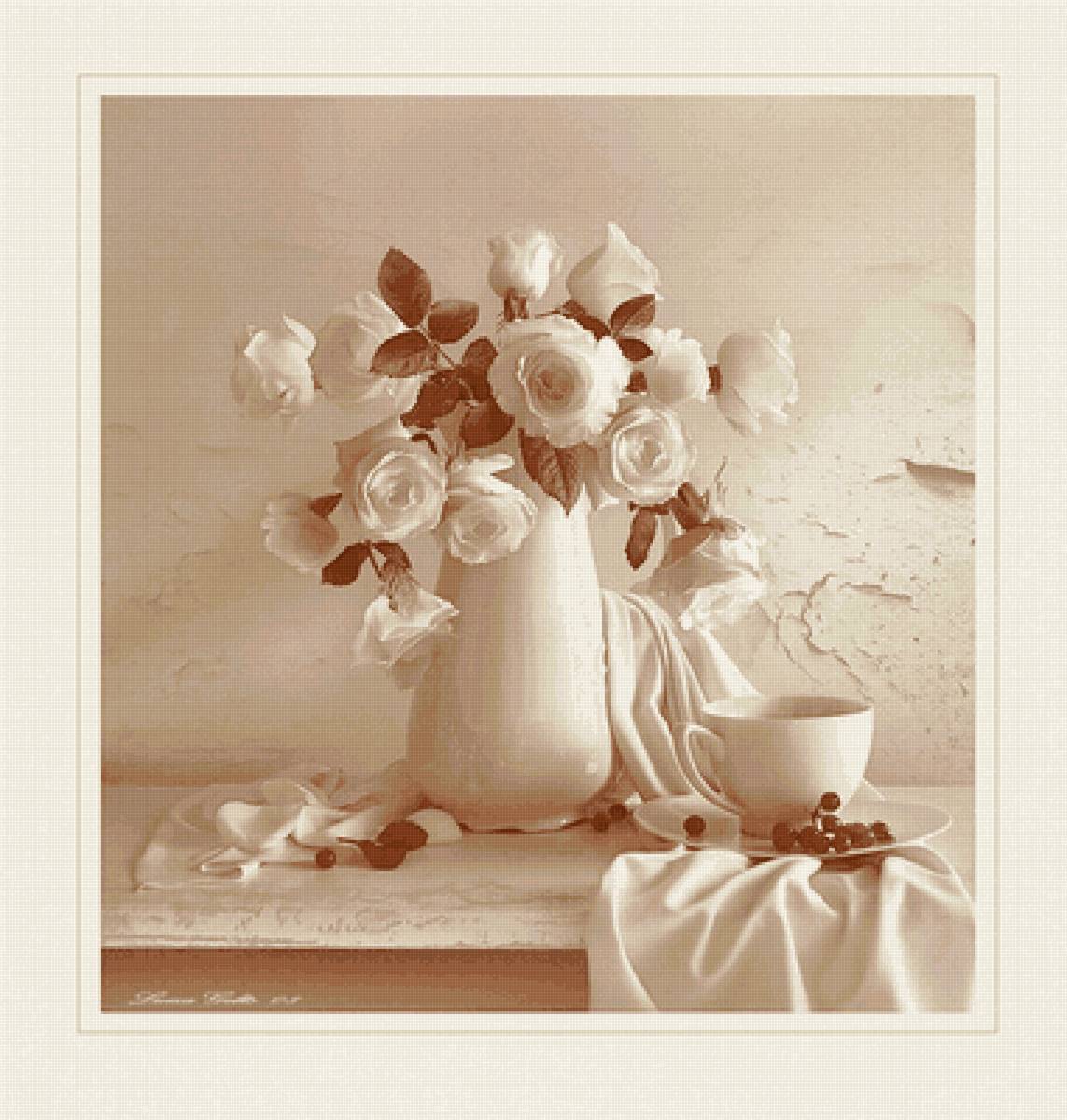 Букет в стиле ретро - натюрморт, ваза, розы, сепия, чашка - предпросмотр