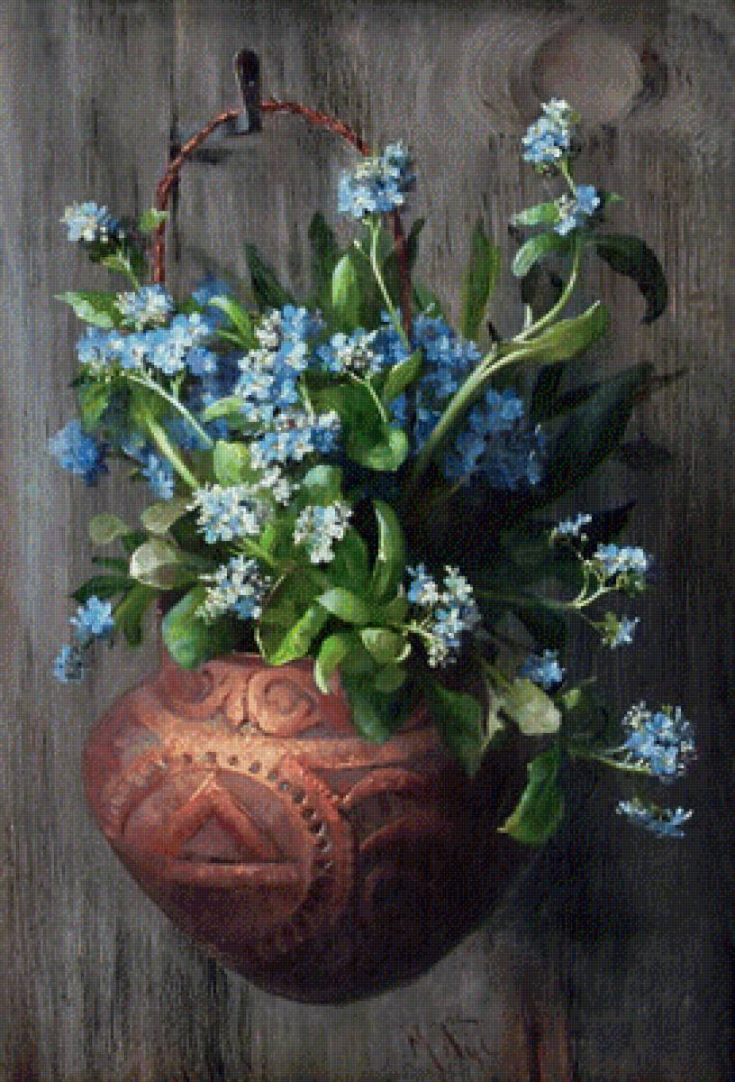 незабудки в горшке - картина - предпросмотр